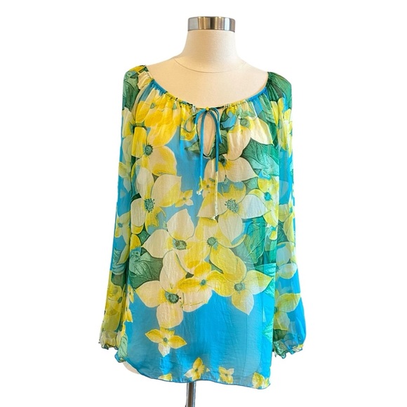 Silk Floral Hawaiian Printed Sheer Long Sleeeve Lightweight Blouse Tie Front - Picture 13 of 13